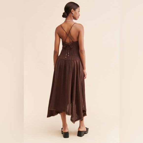 NWNT Free People Verbena Midi Dress  asymmetrical hem in chocolate Brown SZ S L - Picture 2 of 14